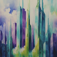 Skyscrapers in water painting.