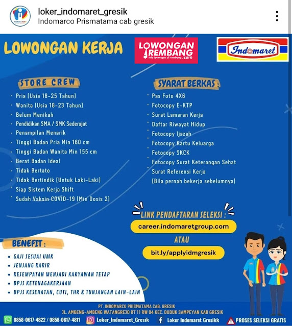 Lowongan Kerja Pegawai Store Crew Minimarket Indomaret Rembang