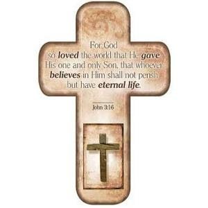 For God so loved the world that he gave his one and only son, that whoever believes in him shall not perish but have eternal life verse written on Christian wooden cross photo free download