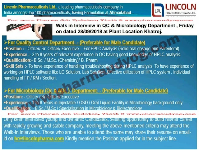 Lincoln Pharmaceuticals | Walk-In for QC / Microbiology | 28th September 2018 | Khatrej