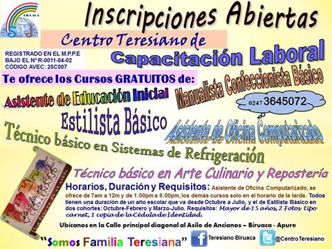 Inscripciones de cursos gratuitos abiertas en Centro Teresiano de Biruaca-Apure.