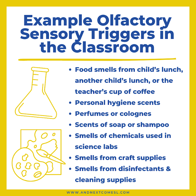 Example olfactory/smell sensory triggers in the classroom or school environment