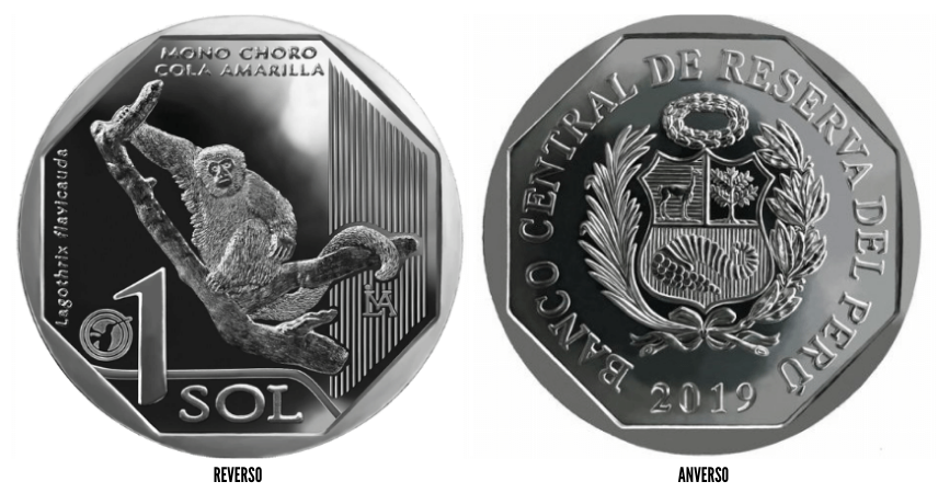 moneda mono choro cola amarilla, serie fauna silvestre amenazada del peru