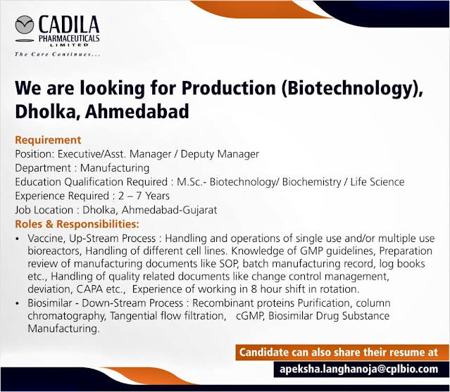 Job Availables, Cadila Pharmaceuticals Job Vacancy for M.Sc.- Biotechnology/ Biochemistry / Life Science - Production (Biotechnology)