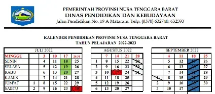 Kaldik atau alender Pendidikan SD SMP SMA/SMK/SLB Tahun Pelajaran 2022/2023 Provinsi Nusa Tenggara Barat