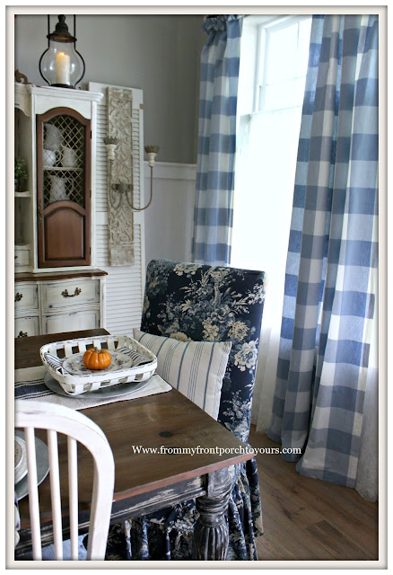 Fall Dining Room-French Country-Blue and White-Buffalo Check-Parson Chair-Waverley Ballad Bouquet-Tobacco basket-From My Front Porch To Yours