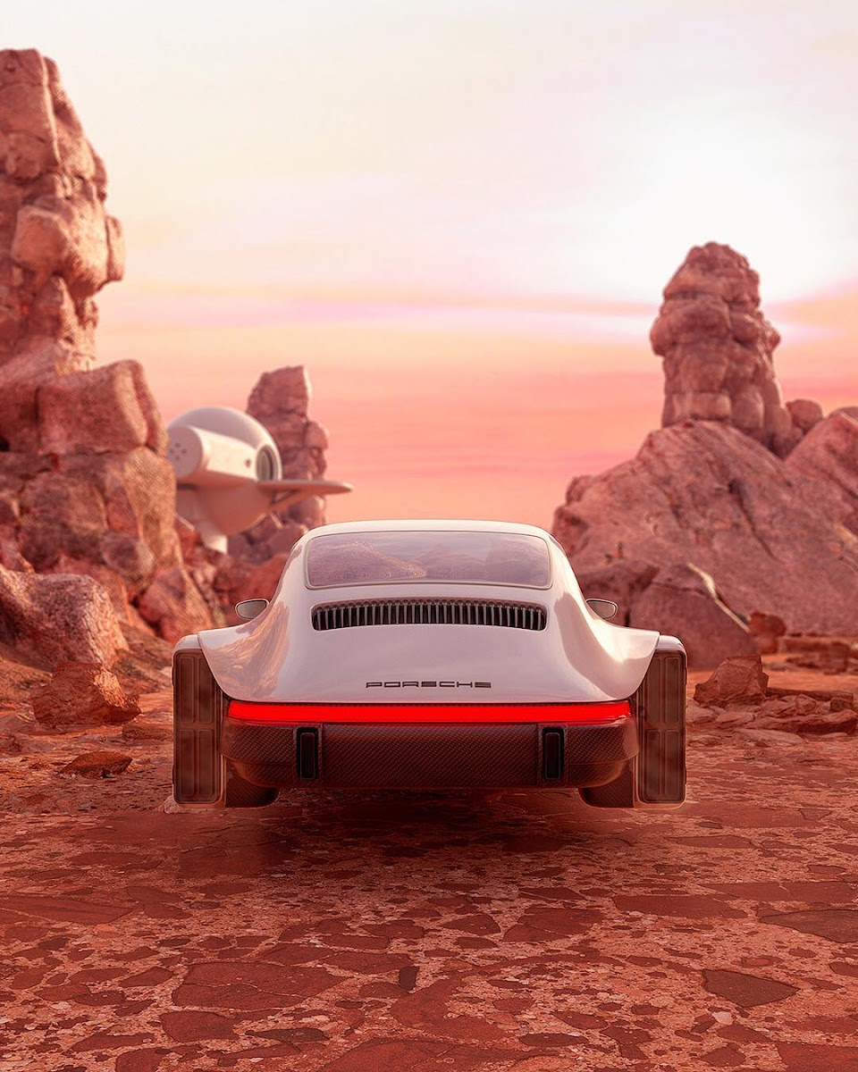 Hovering Porsche 911 approaching Martian outpost by Chris Labrooy