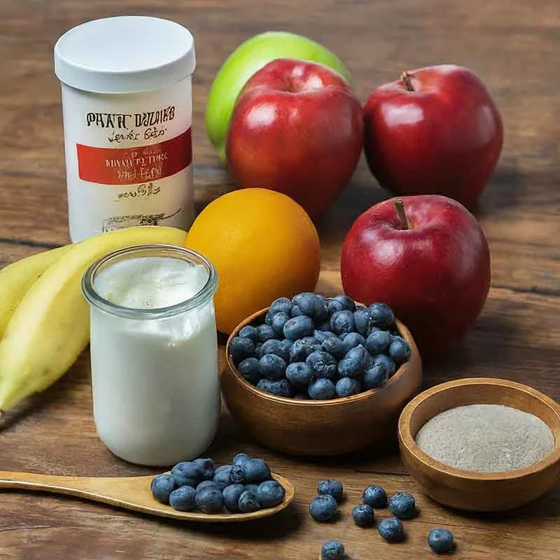 Several types of fresh fruits and vegetables having appealing colors and placed on a wooden background; apples, a jar of yogurt, blueberries, and powder of psyllium husk in a wooden bowl.