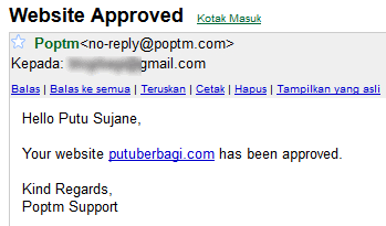 Email dari Poptm bahwa website sudah disetujui