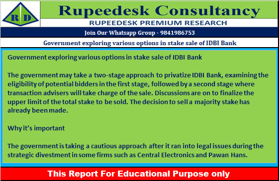 Government exploring various options in stake sale of IDBI Bank - Rupeedesk Reports - 28.09.2022