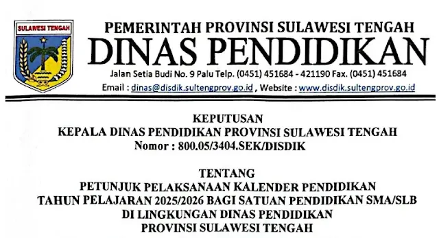 SK tentang Kalender Pendidikan SMA SMK SLB Provinsi Sulawesi Tengah (SULTENG) Tahun Pelajaran (Ajaran) 2025/2026