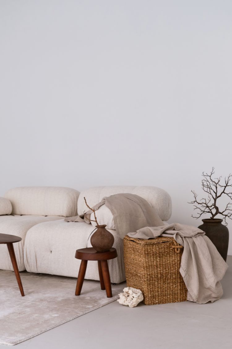 Neatly organized small living space with chic baskets and storage solutions