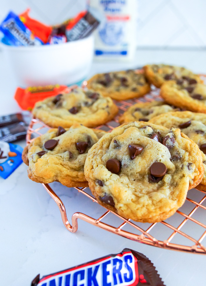 Chocolate Chip Candy Bar-Stuffed Cookies in white kitchen