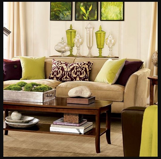Curtain Design for Living Room with green and brown sofa