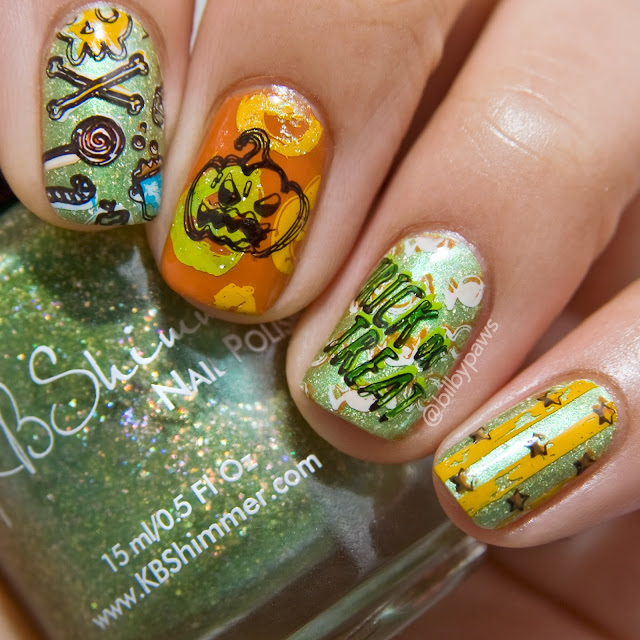 'Trick or Treat' Halloween Nail art @bilbypaws. Green, orange, and yellows.