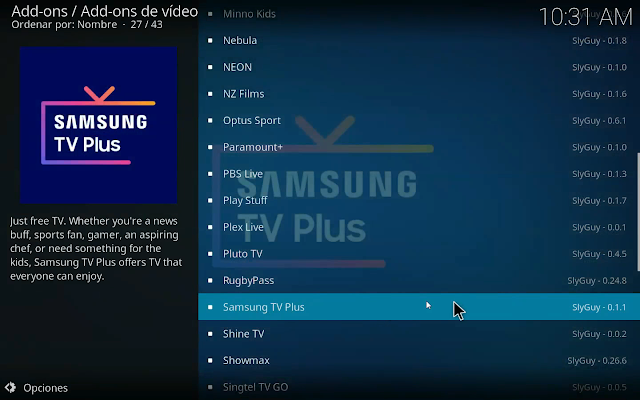 Instalar addon Samsung TV Plus en Kodi
