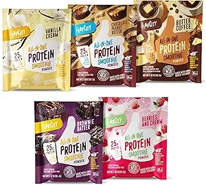 FlavCity All-in-One Protein Smoothie Powder, Variety Pack (5 Single Serve Packets) - 100% Grass-Fed Whey Protein Powder with 25g Protein & 10g Collagen - Gluten-Free Pre Workout & Post Workout Drink