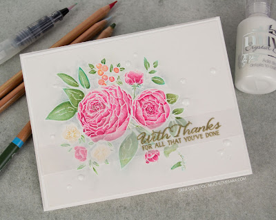 This pretty card features the Beautiful Bouquet - Ranunculus stamp set from WPlus9.  The image was watercolored using Fun Stampers Journey Color Splash pencils.