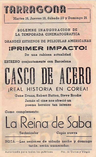 CASCO DE ACERO. Programa de mano, dorso: 9 x 14 cms.. España. Imprenta: Suc. de Torres y Virgili, Tarragona. De mi colección de programas de mano. CASCO DE ACERO. The Steel Helmet. 1951. Estados Unidos. Dirección: Samuel Fuller. Reparto: Gene Evans, William Chun, Steve Brodie, Robert Hutton, James Edwards, Richard Loo, Sid Melton, Richard Monahan, Harold Fong, Neyle Morrow, Lynn Stalmaster.