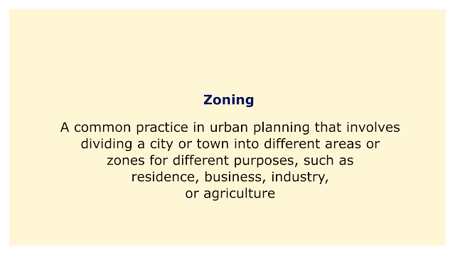 A common practice in urban planning that involves dividing a city or town into different areas or zones for different purposes, such as residence.