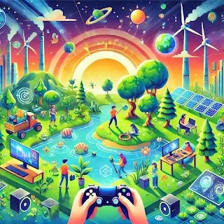 Gamers engaging in eco-friendly activities within a vibrant landscape.