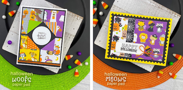 Halloween Dog and Cat Cards by Jennifer Jackson | Halloween Woofs and Halloween Meows Paper Pads, Framework Die Set and Circle Frames Die Set by Newton's Nook Designs