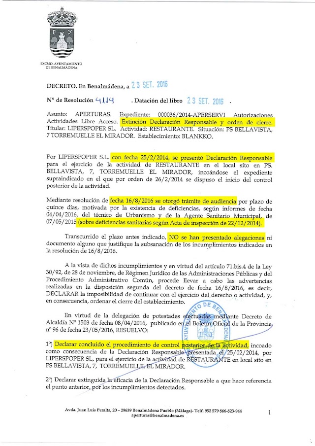El Ayuntamiento de Benalmádena decreta el cierre de Blankko 