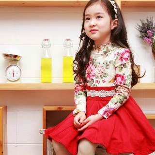 baju anak korea dress korea motif bunga warba merah