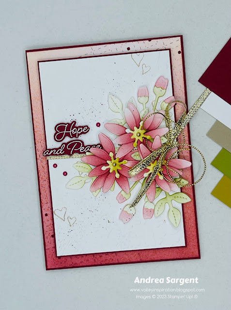 Creating a Christmas card using non-traditional supplies such as the Paper Florist dies is a fun challenge. Try using the dies with a Cherry Cobbler colour combo with the Hope and Peace stamp set.