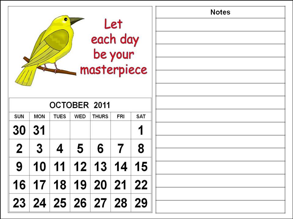 Cute Cartoon Calendar 2011 October for kids or children
