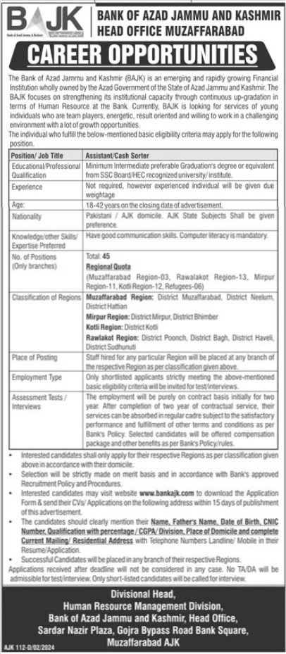 Bank of Azad Jammu & Kashmir Management Jobs In Muzaffarabad 2024