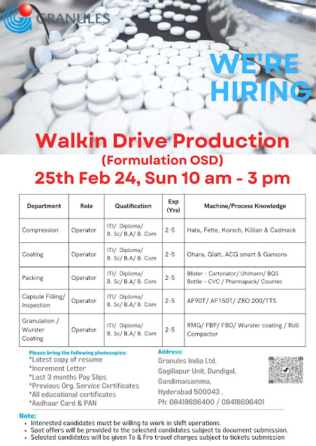 Granules India Ltd Walk in Interview For Production Department