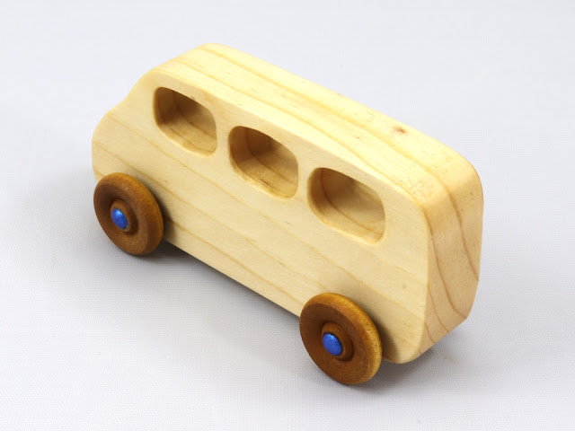 Handmade Wooden Toy Minivan from the Play Pal Series Finished With Nontoxic Clear Shellac and Metallic Blue Acrylic