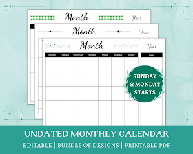 Three different designs on an undated monthly calendar bundle