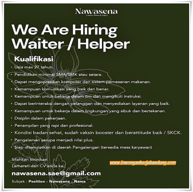 Loker Bandung Waiter/ Helper Nawasena Bandung