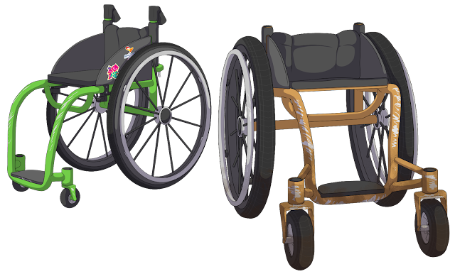 An illustration showing 2 wheelchairs. The one on the left is green and sleek looking with a rigid frame. The chair is covered in Paralympic stickers from rio and London. There is some minimal scratching of the paint at the front of the wheelchair, and a tag can be seen hanging from the back, though what is says is illegible. It's front wheels are small but thick, and back wheels are thin. The chair on the right is orange, also with a rigid frame. The wheelchair is wide, with a low back and a seat that tips upwards slightly. The paint on the chair, as well as the push rims are heavily scratched, and dirt cakes the bottom of the chair frame and wheels. The back wheels are very large and thick, with visible tread, and the front wheels are much larger than average, and are inflatable as well instead of solid.