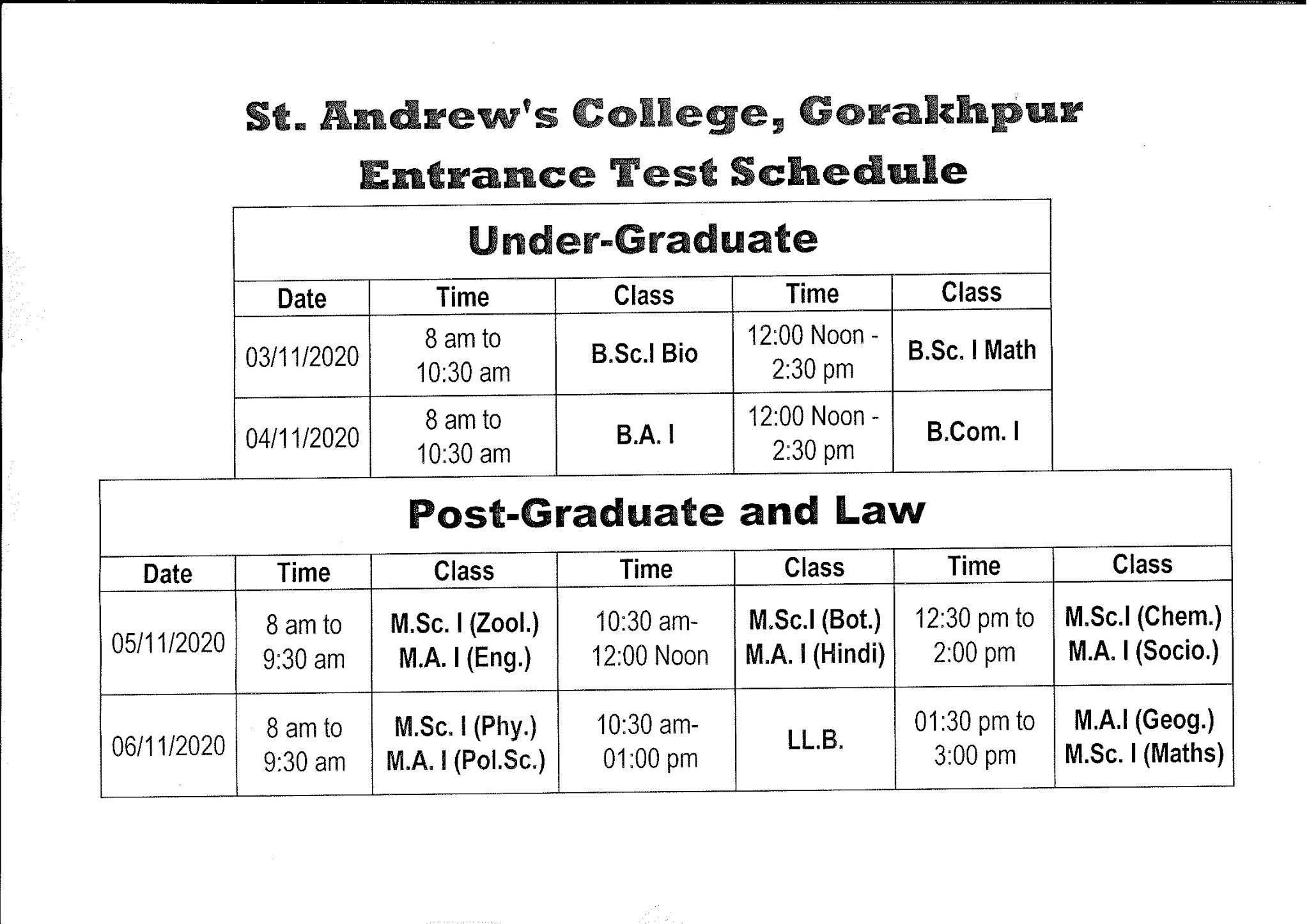 St. Andrews College Gorakhpur, Online Application Form 2020 for UG & PG, Admit Card, Exam Schedule, Results