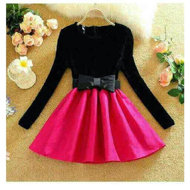 Black mini dress with pink flared skirt long sleeve