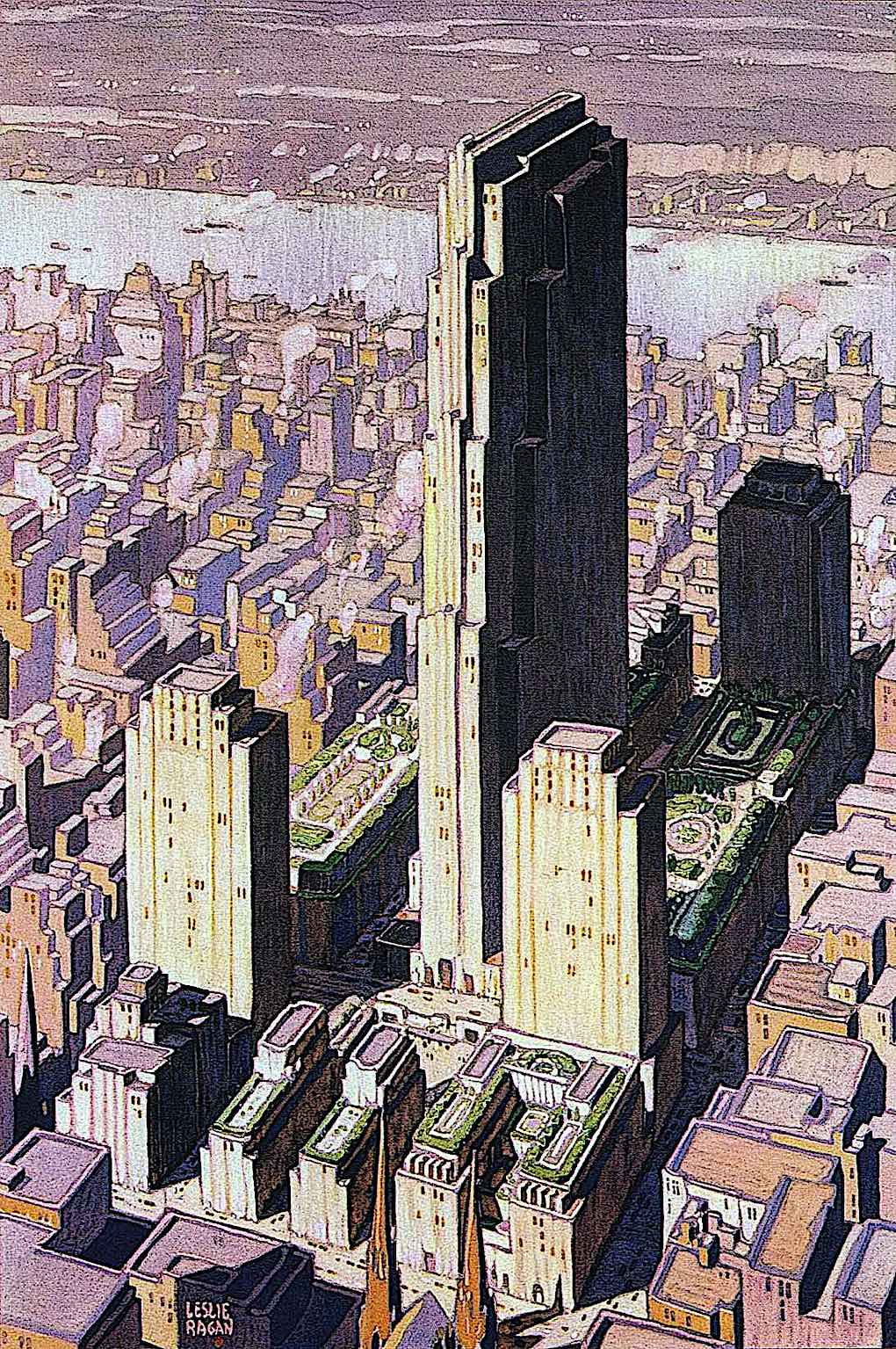 a Leslie Ragan illustration of skyscrapers in 1936