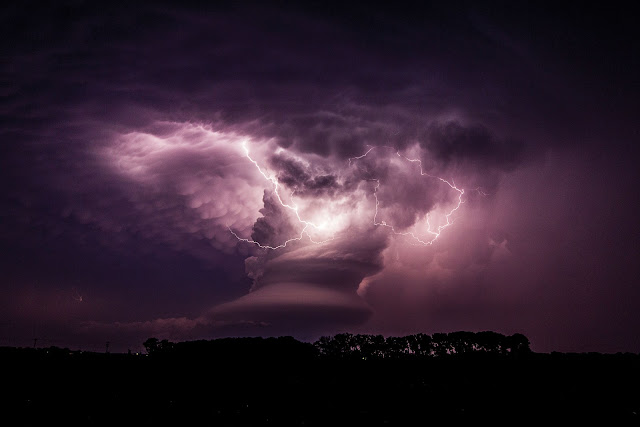 Supercell, Mammatus Clouds and Lightning over Nebraska