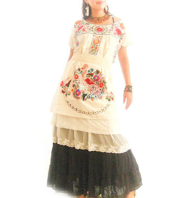 White Shift Dress on Natural Eco Friendly Manta Colorful Embroidered Mexican Tunic Dress
