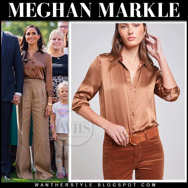 Meghan Markle in brown satin blouse, wide leg pants and brown pumps