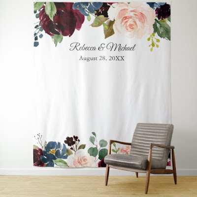 Burgundy Navy Floral Wedding Photo Booth Backdrop 