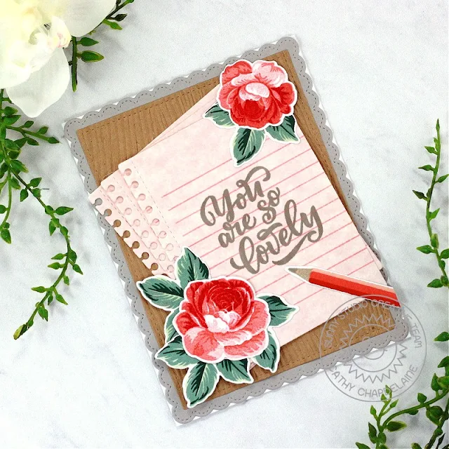 Sunny Studio Stamps: Notebook Die Focused Card by Cathy Chapdelaine (featuring Fancy Frame Dies, Everything's Rosy, Frilly Frame Dies, Lovey Dovey)