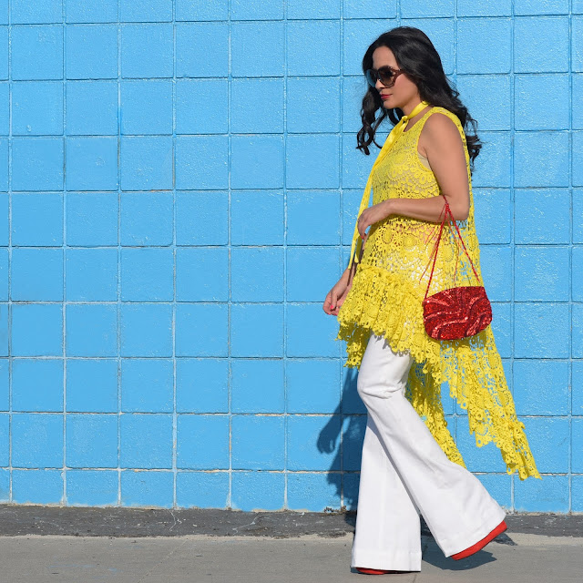 California fashion blogger California style blog petite fashion summer alexis yellow crochet high low lace ruffle tunic red sequin handbag evening bag white paige denim bootcut flare jeans gucci bamboo large rim glasses mod 60's gucci red suede hibiscus platforms 