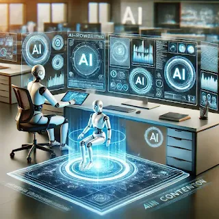 Alt Text: A futuristic digital workspace featuring AI-powered content creation with floating holographic screens, a robotic assistant, and a human content creator in a modern office setting.