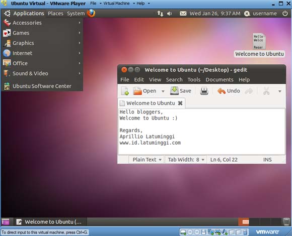 Tampilan desktop Ubuntu virtual machine pada VMware