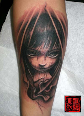 A comic style, little girl portrait tattoo design on the leg.