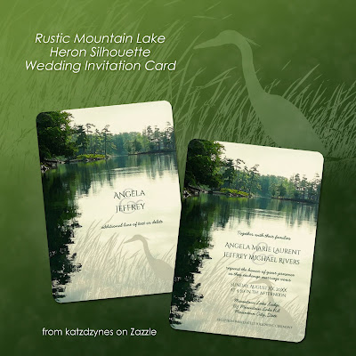 Rustic  mountain lake heron silhouette wedding invitation card