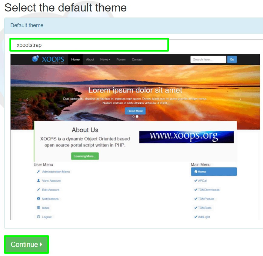 xoops installation select default theme